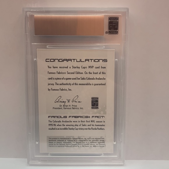 2010 Famous Fabrics Second Edition “Stanley Cup MVP” Joe Sakic 06/09 (MISC8) - Picture 2 of 3